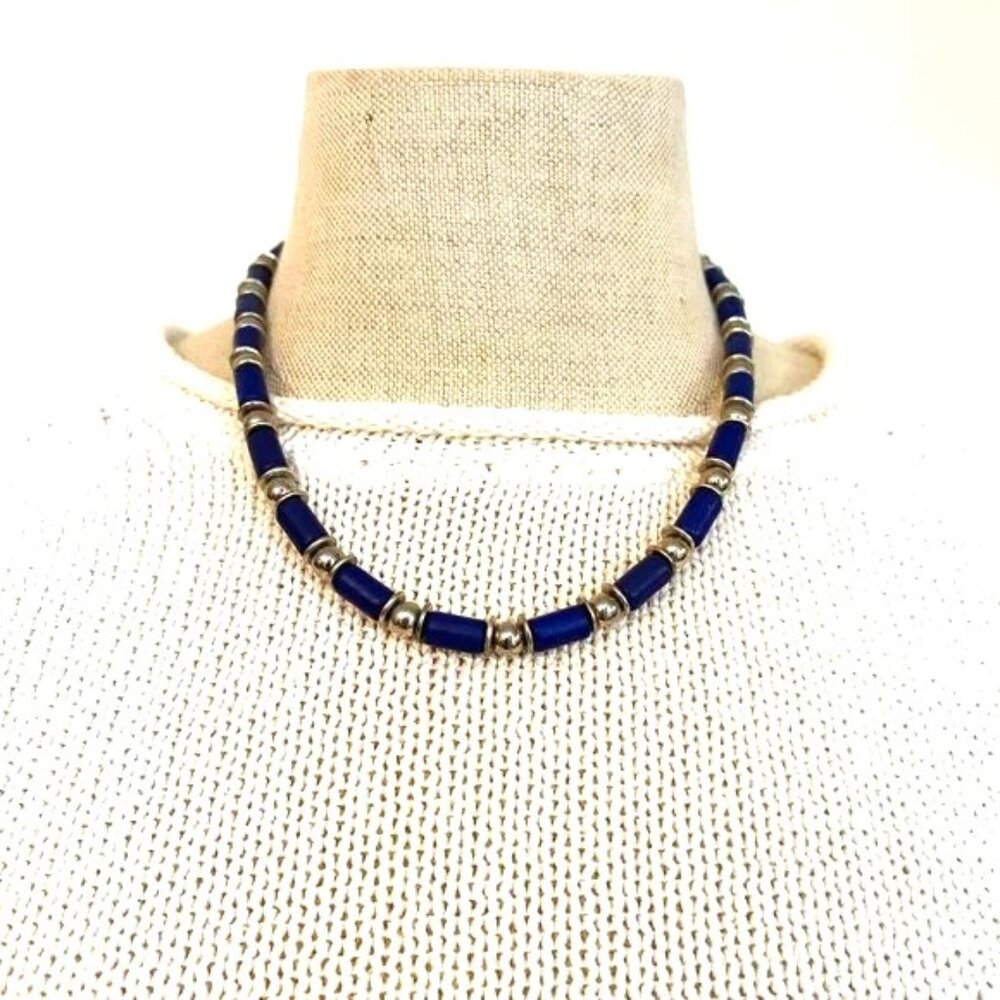 Blue and Metal Beaded Necklace